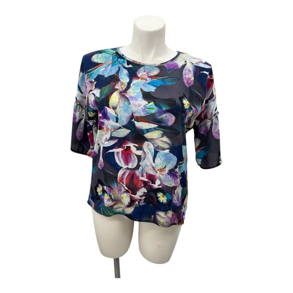 Spense Blue and Purple Floral 3/4 Sleeve Blouse